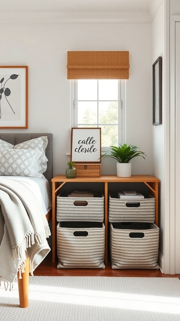 A cozy bedroom corner featuring a wooden shelf with decorative storage bins, a plant, and a framed sign.