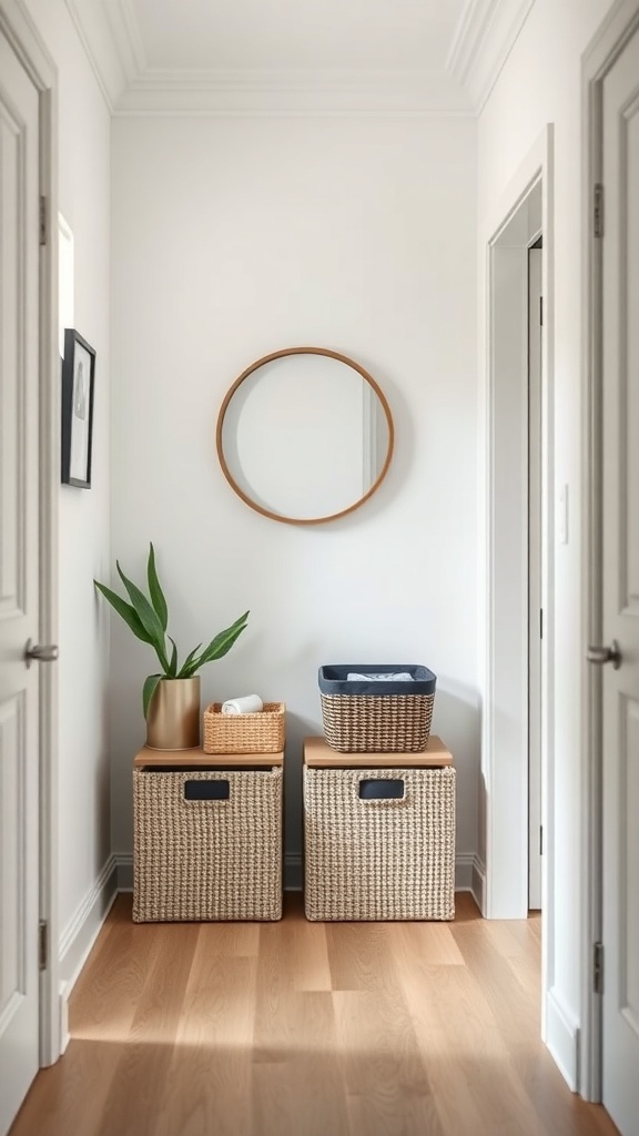 A small entryway with decorative storage bins, a plant, and a round mirror.