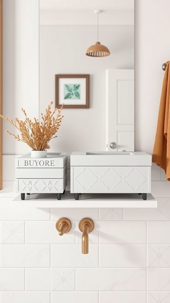 Two decorative storage boxes on a bathroom shelf with a mirror and light fixture in the background.