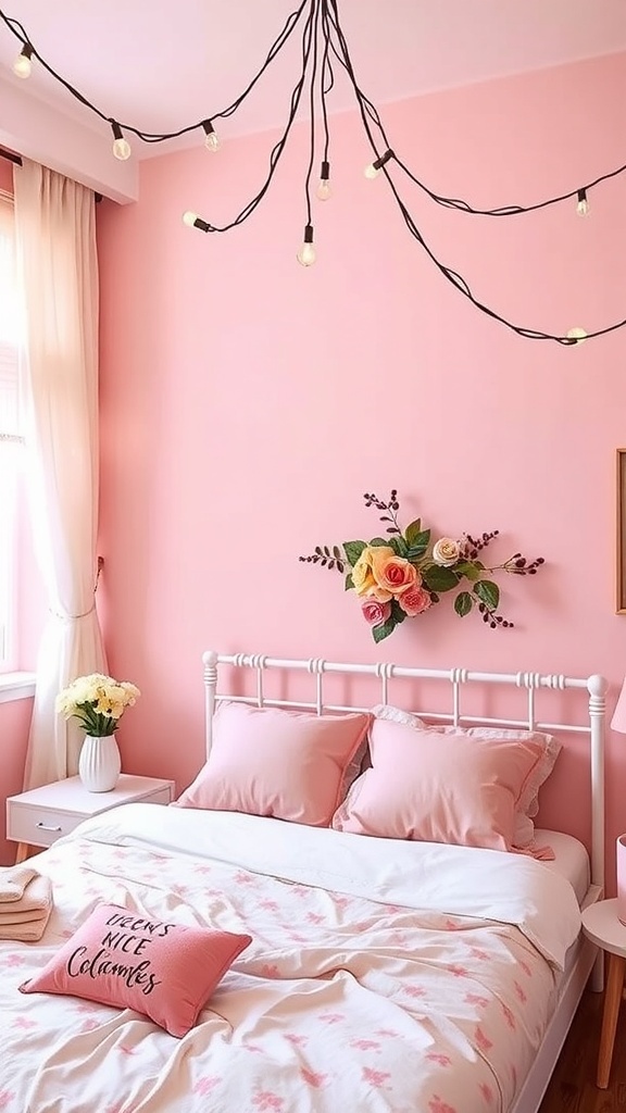 A cozy pink bedroom with decorative string lights hanging from the ceiling.