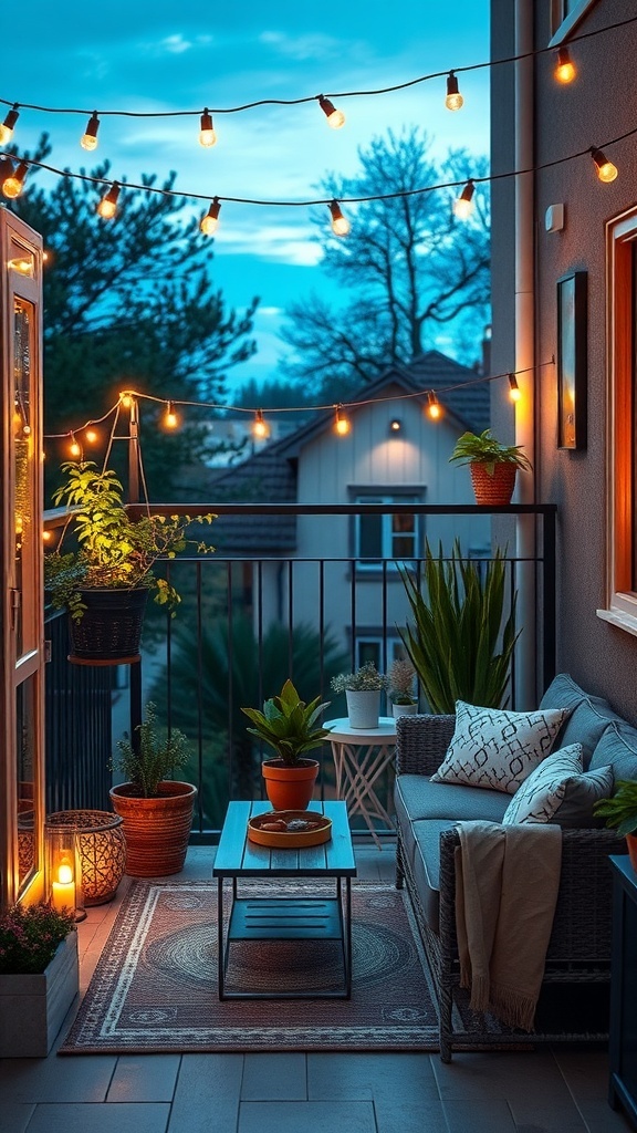 A cozy balcony decorated with string lights, plants, and comfortable seating.