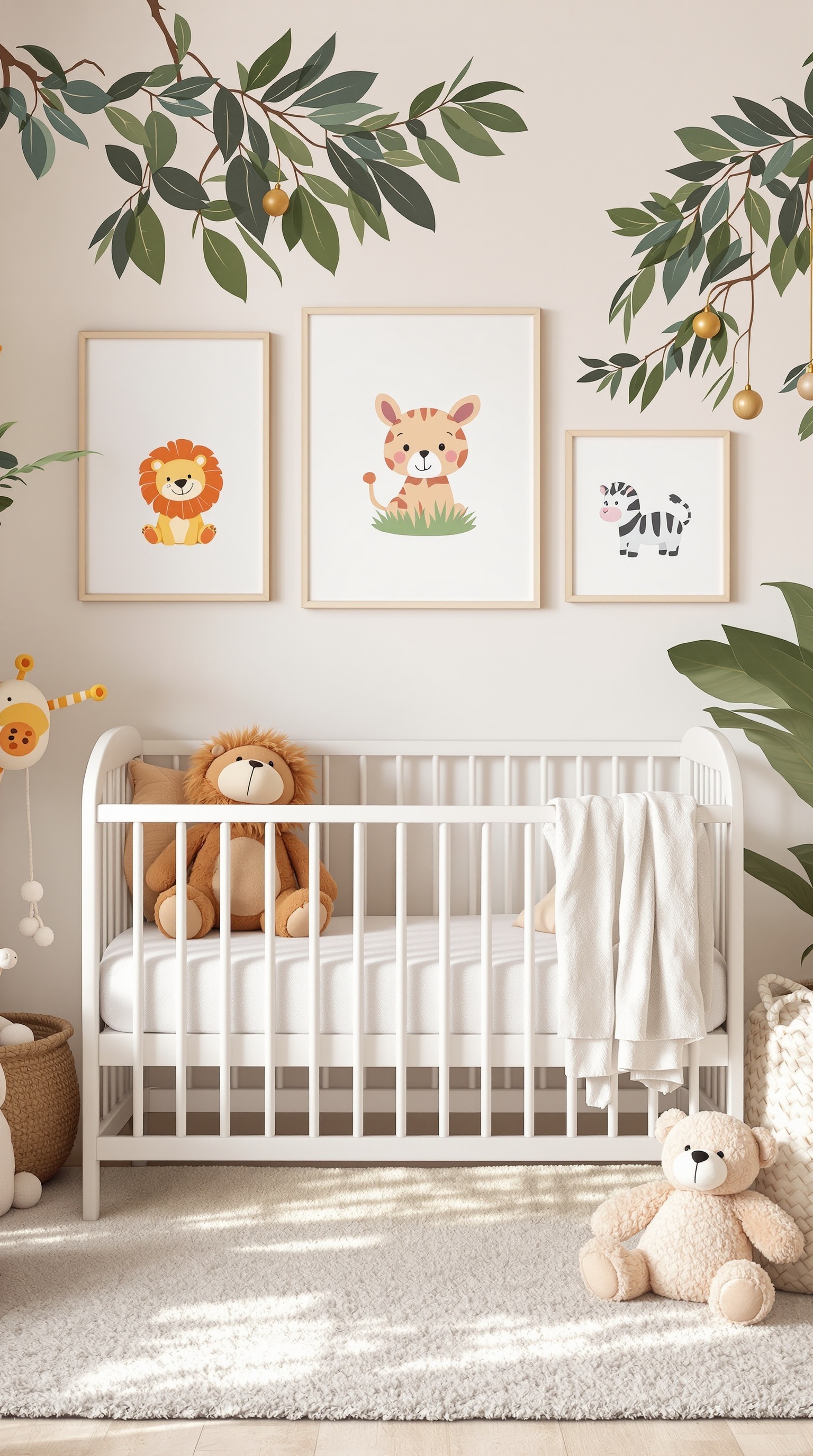 A cozy baby room featuring a crib with animal-themed artwork and plush toys.