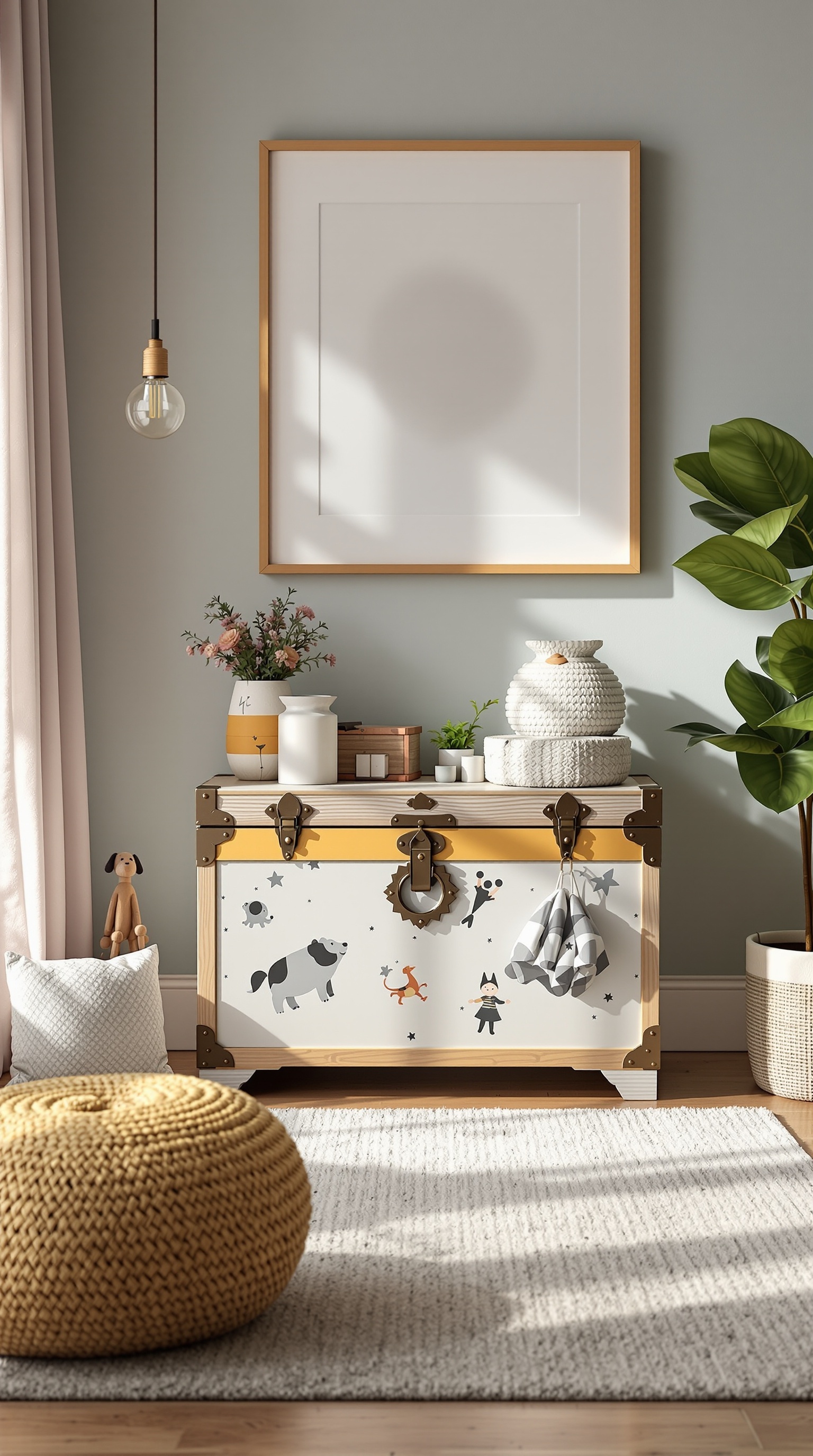 A decorative toy chest with playful animal designs, surrounded by plants and decorative items in a cozy living room setting.