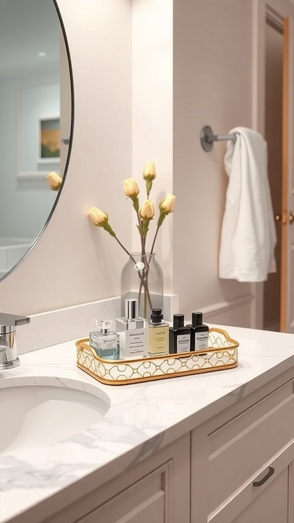 A stylish bathroom countertop featuring a decorative tray with bottles and a vase of flowers.