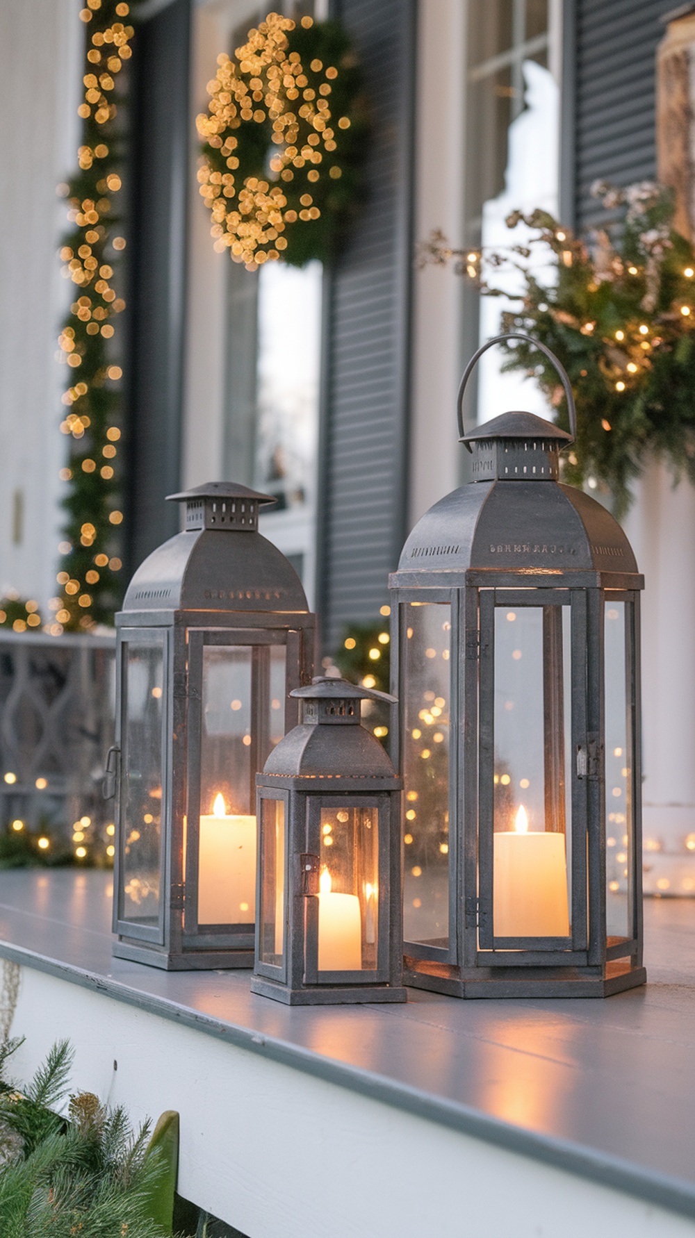 Three vintage lanterns with candles on a porch, surrounded by holiday decorations.