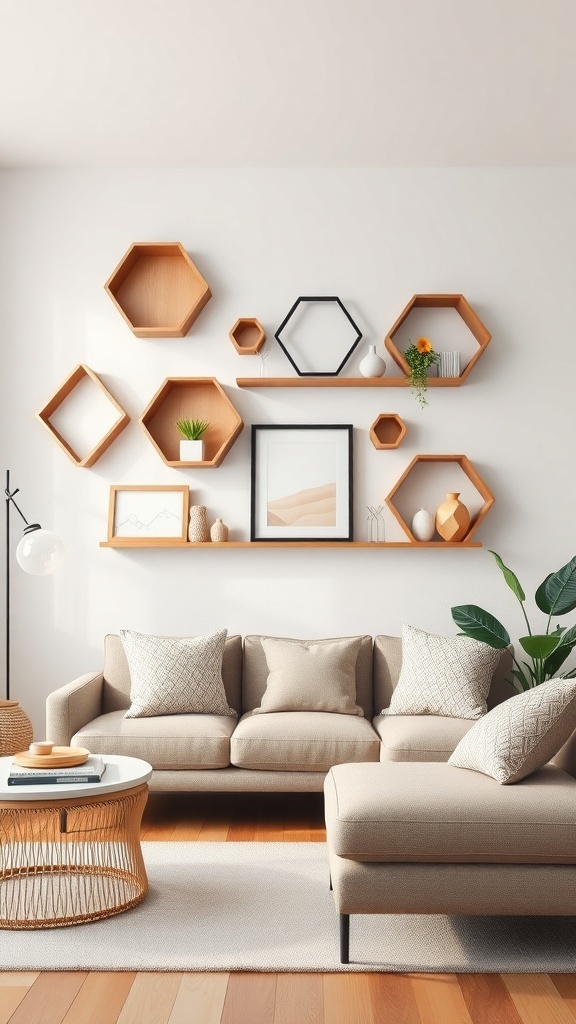 Decorative wall shelves in unique shapes above a cozy sofa