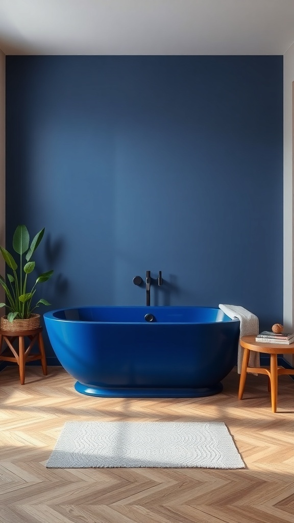 A modern deep blue bathtub in a stylish bathroom with wooden flooring and a blue wall.