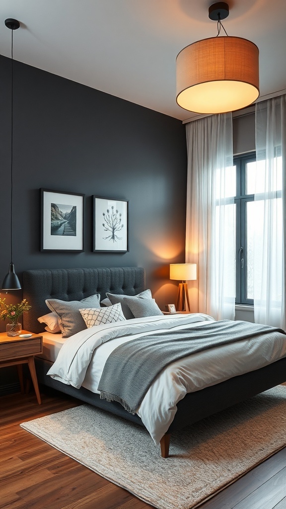 A cozy bedroom featuring deep charcoal walls, a stylish bed with light bedding, and warm lighting.