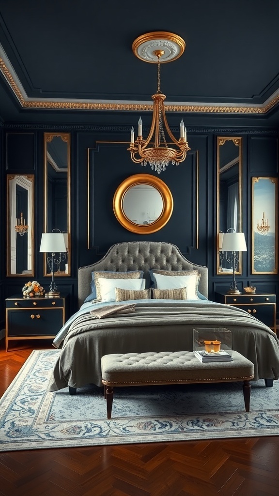 A luxurious bedroom featuring deep navy walls, gold accents, and elegant furnishings.