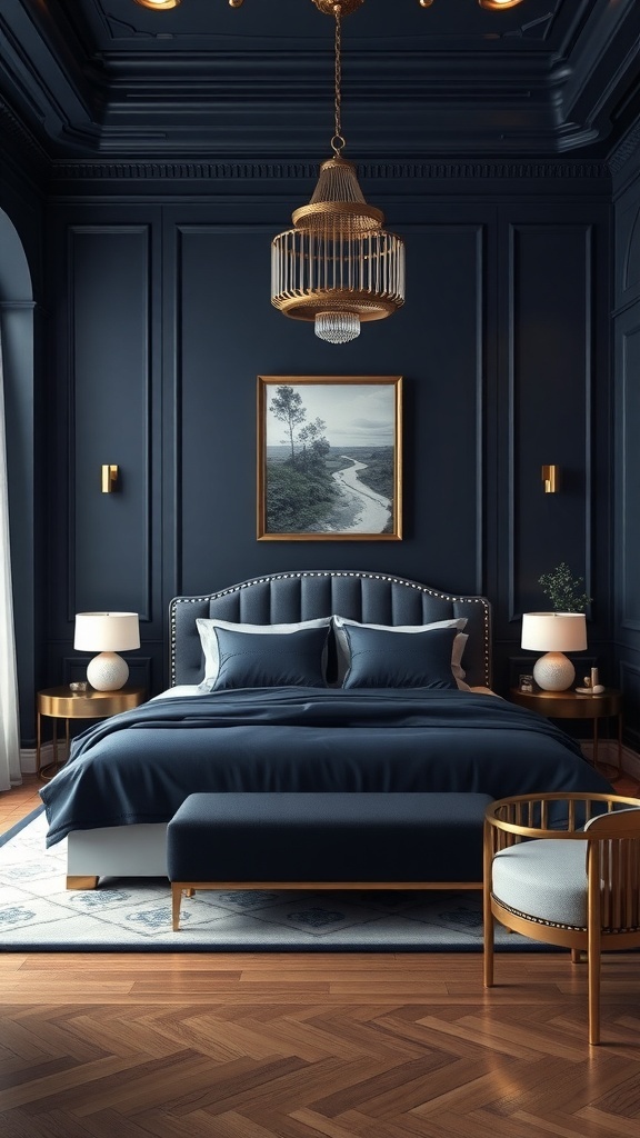 A romantic bedroom featuring deep navy walls and gold accents, with a plush bed and elegant lighting.