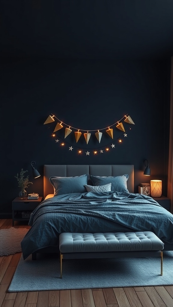 A cozy bedroom featuring deep navy walls, soft bedding, and warm lighting.