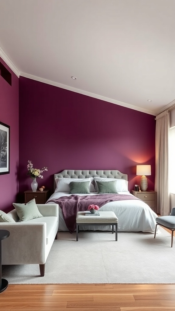 A cozy bedroom featuring deep plum walls, a plush bed with soft bedding, and light-colored furniture.