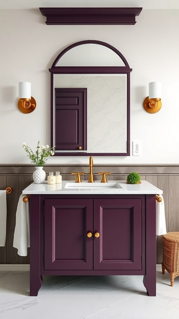 A deep plum vanity with gold fixtures and a mirror in a stylish bathroom.