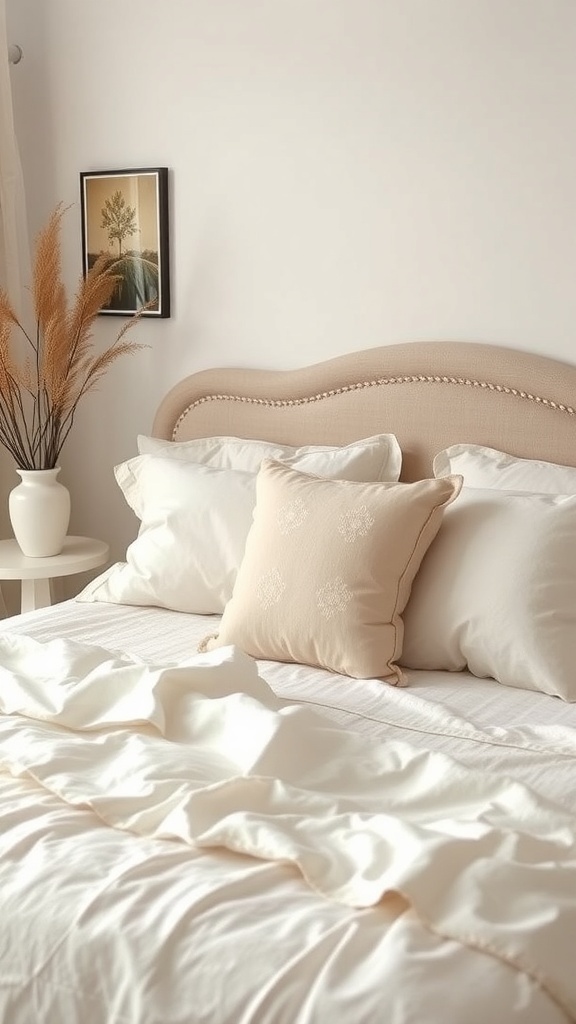 A cozy vintage bedroom with soft bed linens and decorative pillows.