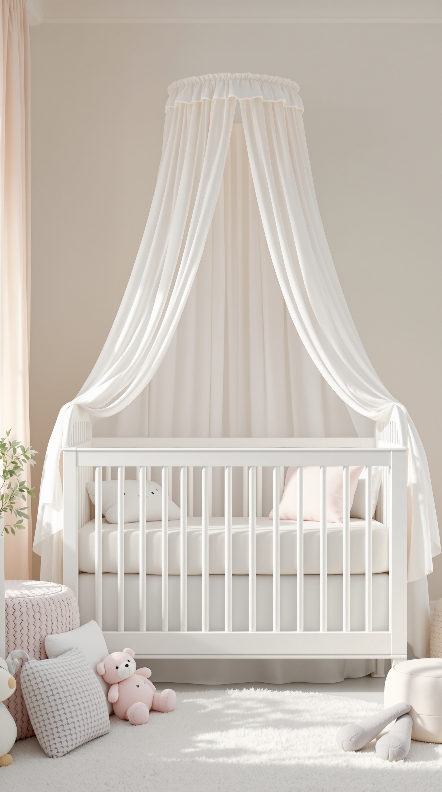 A nursery featuring a white crib with a delicate canopy, soft pillows, and plush toys on a fluffy rug.