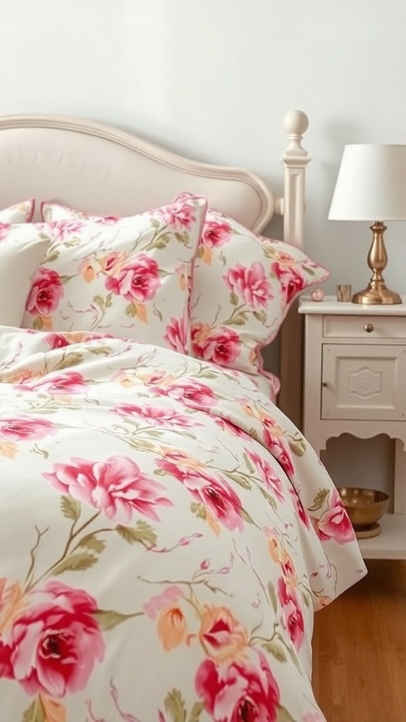 A romantic pink bedroom featuring floral bedding with pink roses and a nightstand with a lamp.