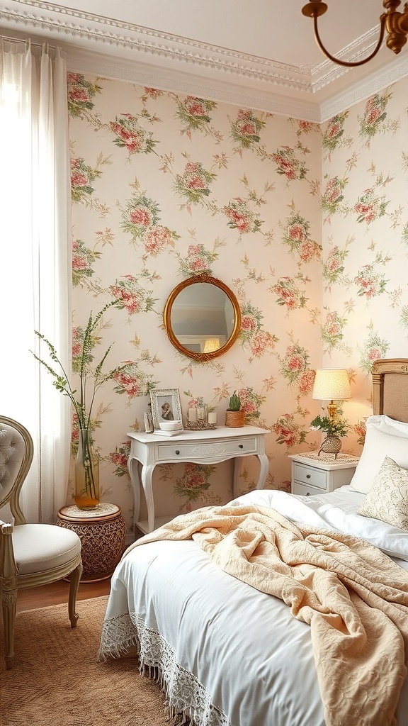 A cozy bedroom with delicate floral wallpaper, a bed with soft linens, and elegant furniture.