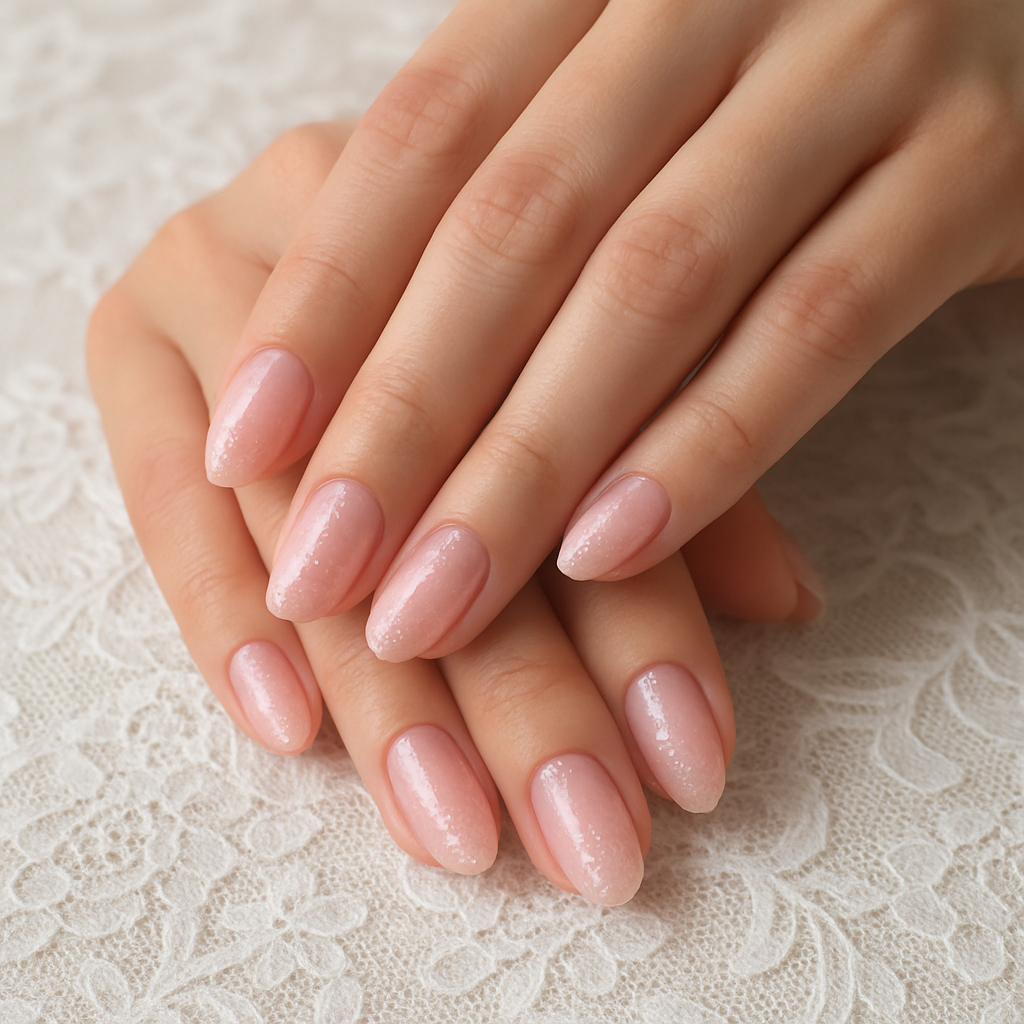 Soft pink nails with delicate glitter accents, elegantly displayed on a lace background.