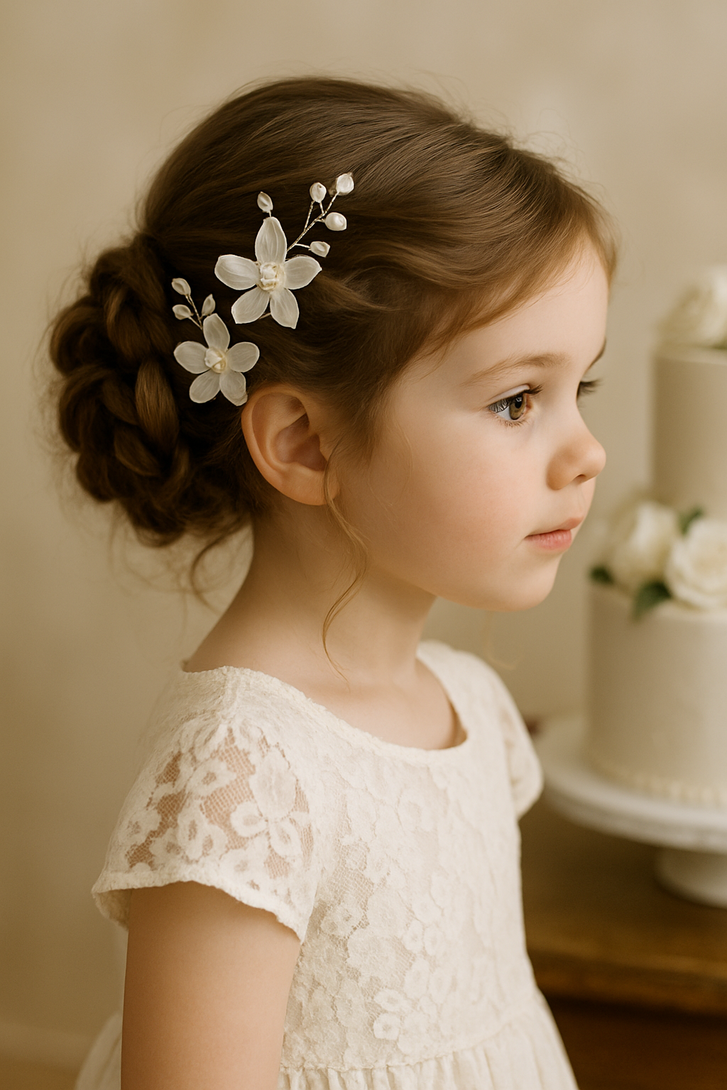 A young girl with a braided hairstyle and delicate floral hair accessories, dressed in a lace outfit.