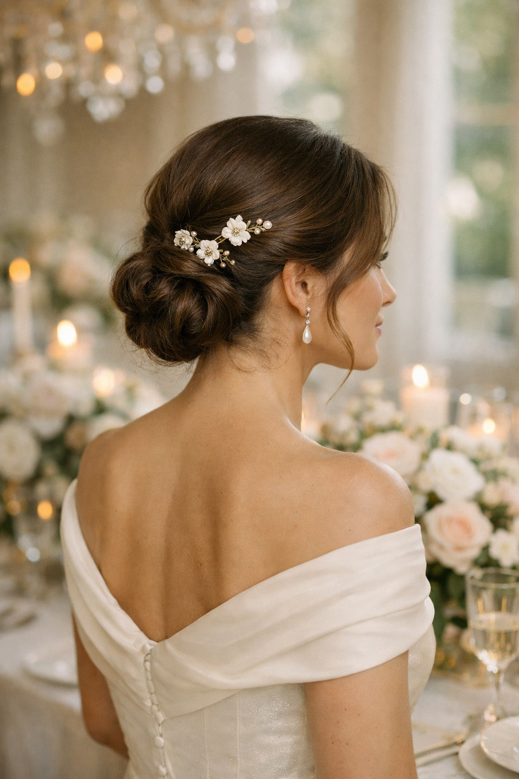 A woman with an elegant updo hairstyle featuring floral hairpins, dressed in a beautiful white gown, with a backdrop of soft floral arrangements and candles.