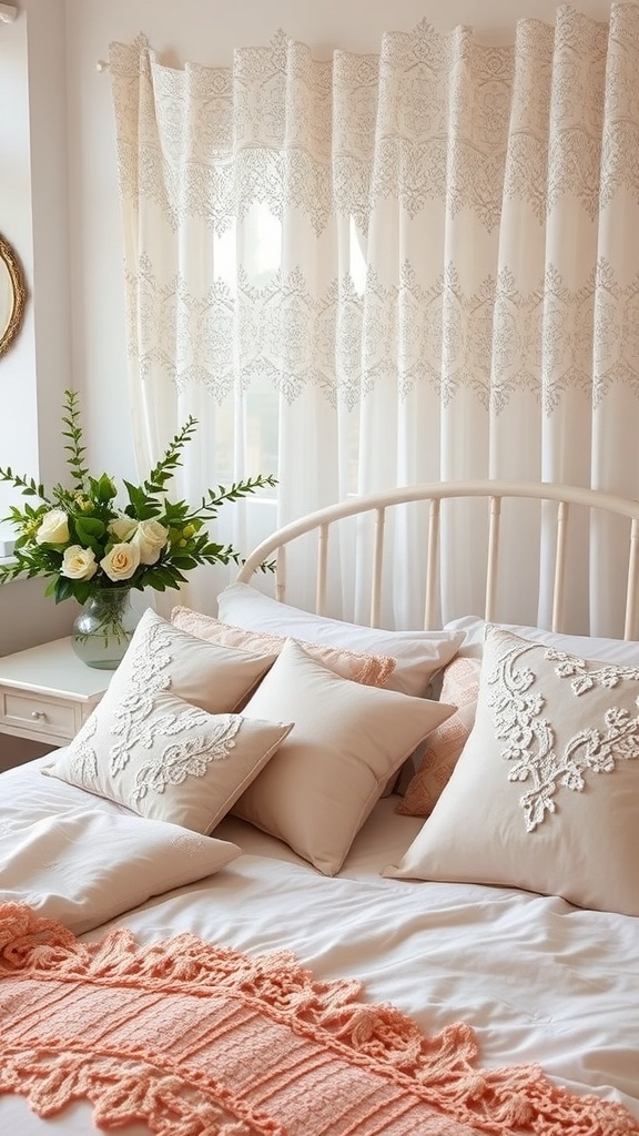 A shabby chic romantic bedroom with lace curtains and decorative pillows.