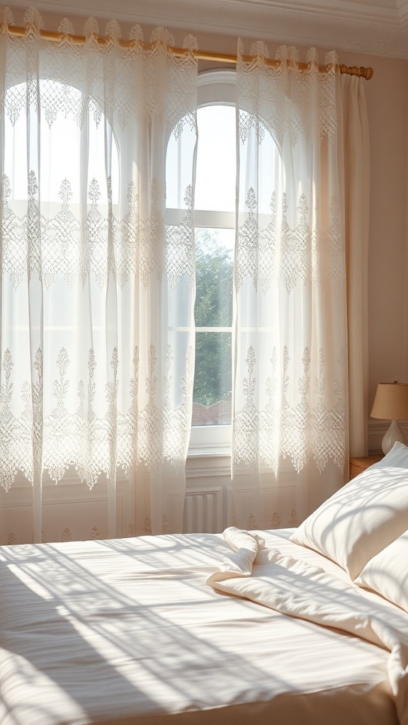 A cozy cottage bedroom with delicate lace curtains letting in soft light.