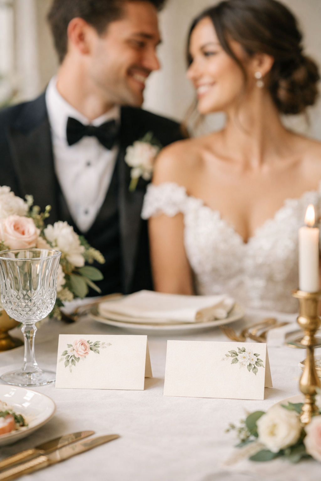 Image of a wedding table setting with delicate place cards and a smiling couple