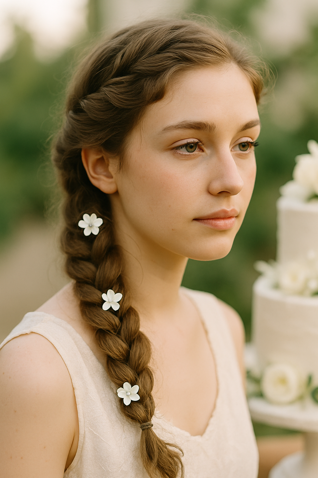 A young girl with a delicate side braid decorated with white flowers.