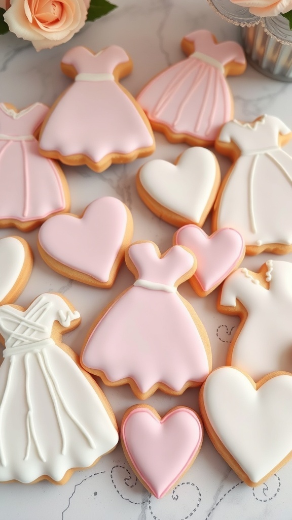 decorated sugar cookies shaped like dresses and hearts