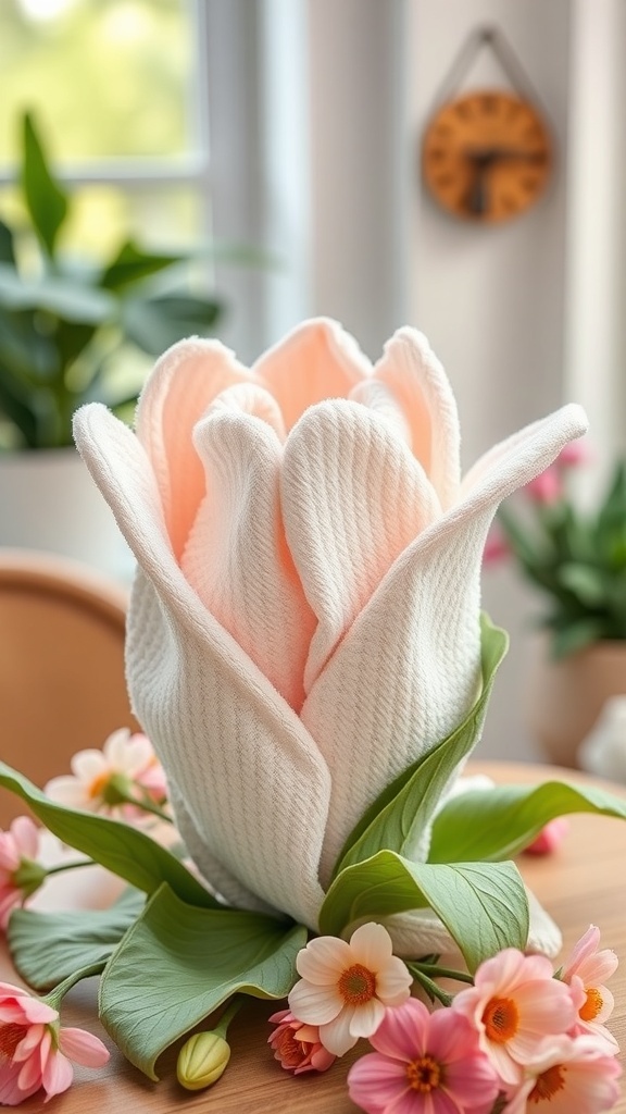 A beautifully folded towel shaped like a tulip, surrounded by flowers and greenery.