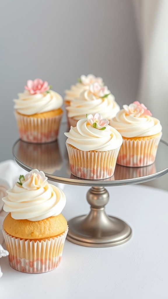 A display of delicate vanilla bean cupcakes on a stand, featuring swirls of frosting and floral decorations