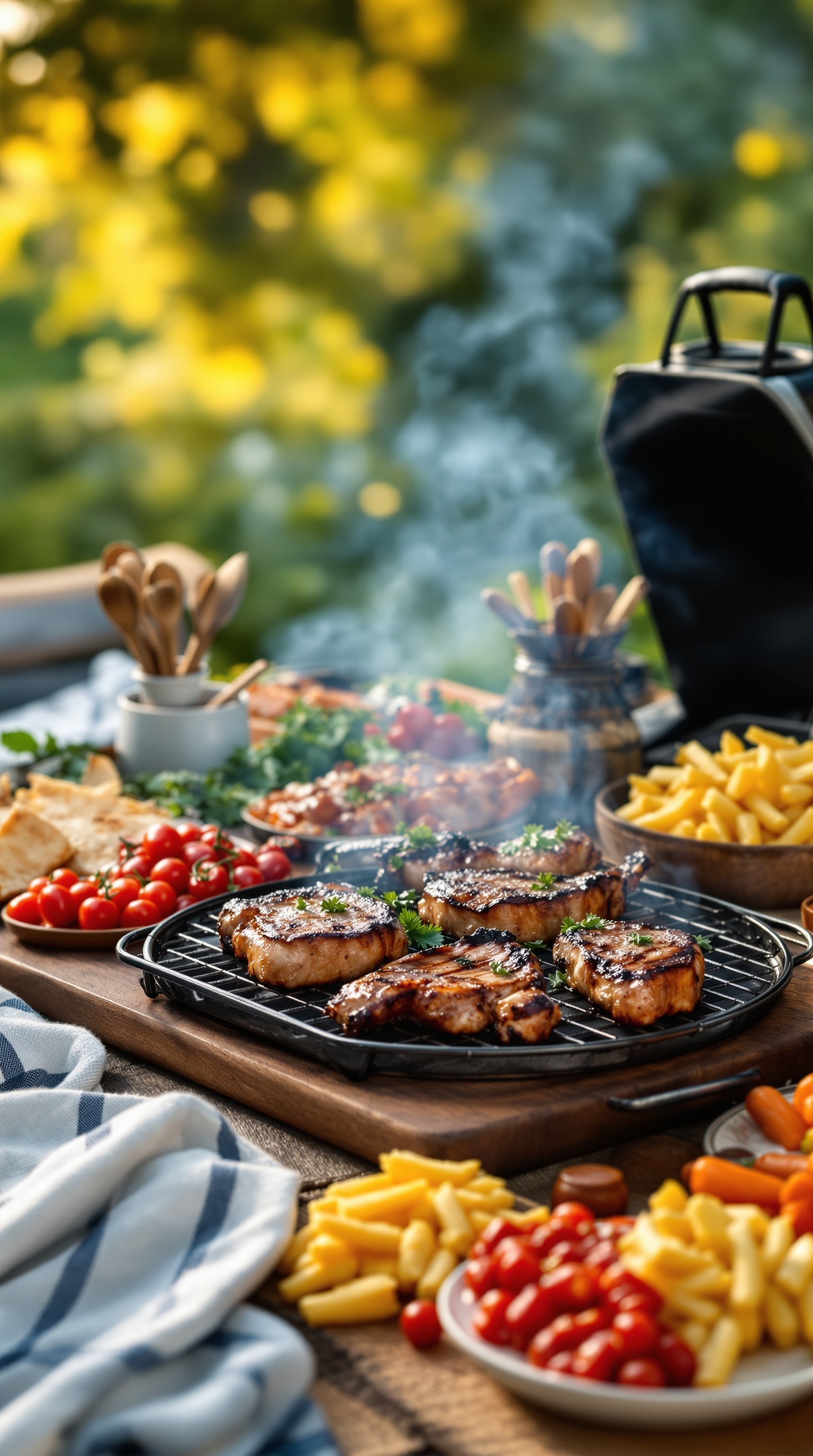 A backyard barbecue scene featuring grilled meats, fresh vegetables, and sides on a wooden table.