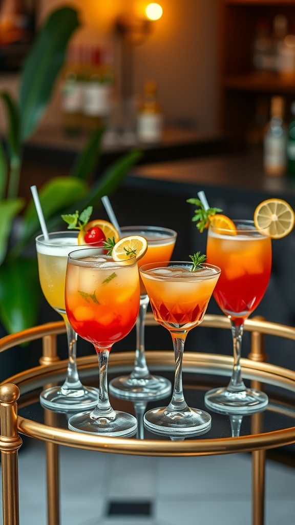 Colorful cocktails on a gold-trimmed tray for a bridal shower brunch.