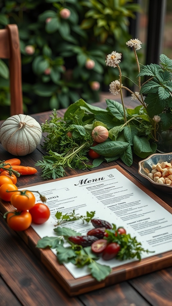 A garden-inspired menu display with fresh vegetables and herbs.