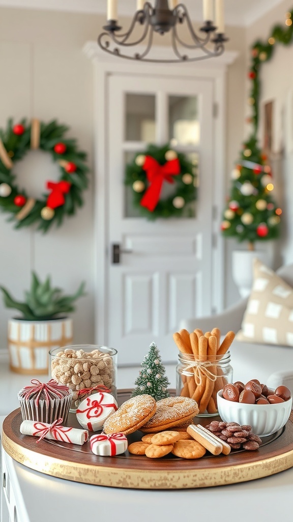 A beautifully arranged holiday treats display on a wooden platter, featuring cupcakes, peppermint candies, cookies, and decorative elements.