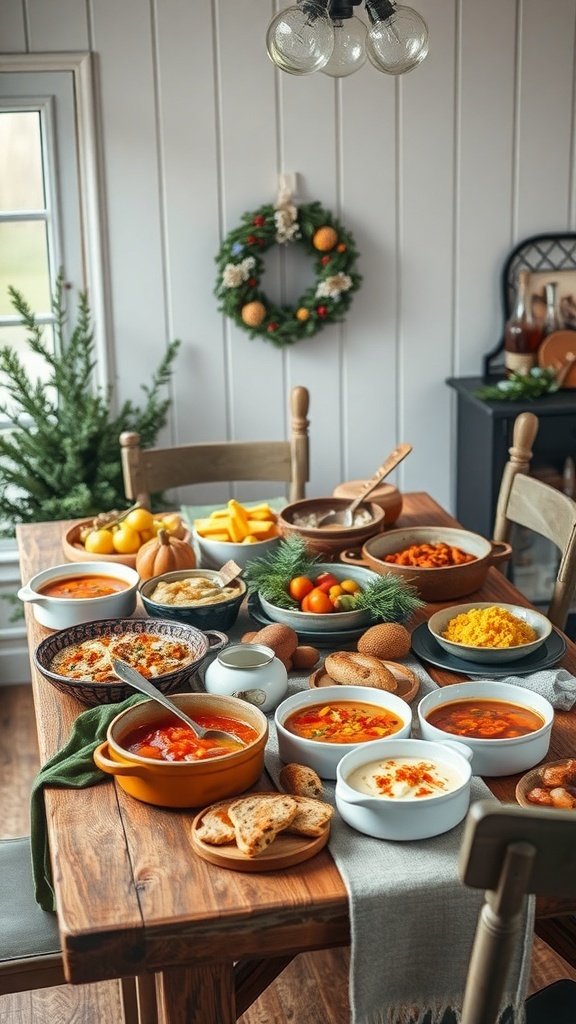 A cozy winter table filled with various comfort foods, including soups, bread, and festive decorations.
