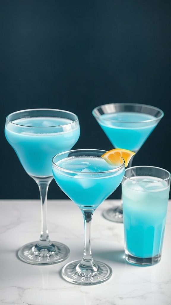 A selection of delightful blue drinks in elegant glasses, perfect for a bridal shower.