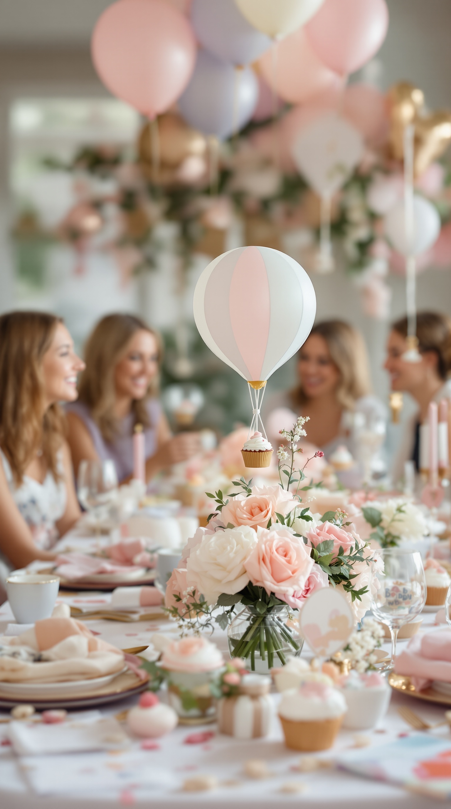 A beautifully arranged table for a baby shower featuring balloon centerpieces, roses, and cupcakes.