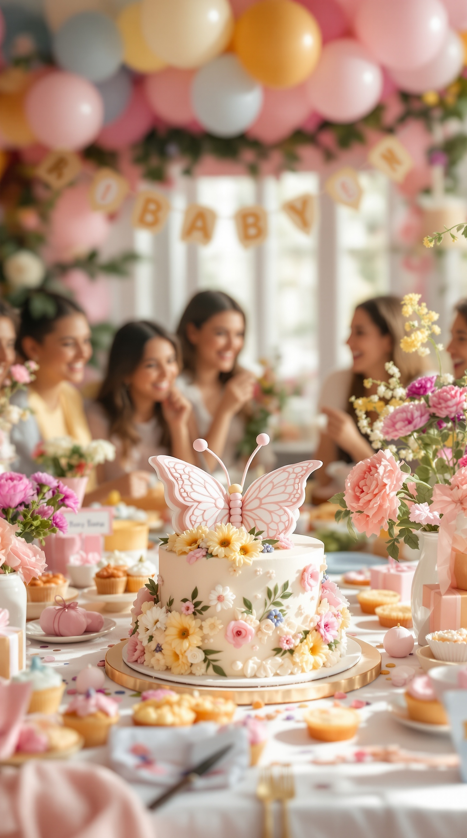 A beautifully decorated butterfly cake surrounded by flowers and treats at a baby shower.