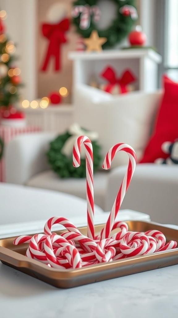A festive arrangement of candy canes on a gold tray, with a cozy holiday setting in the background.