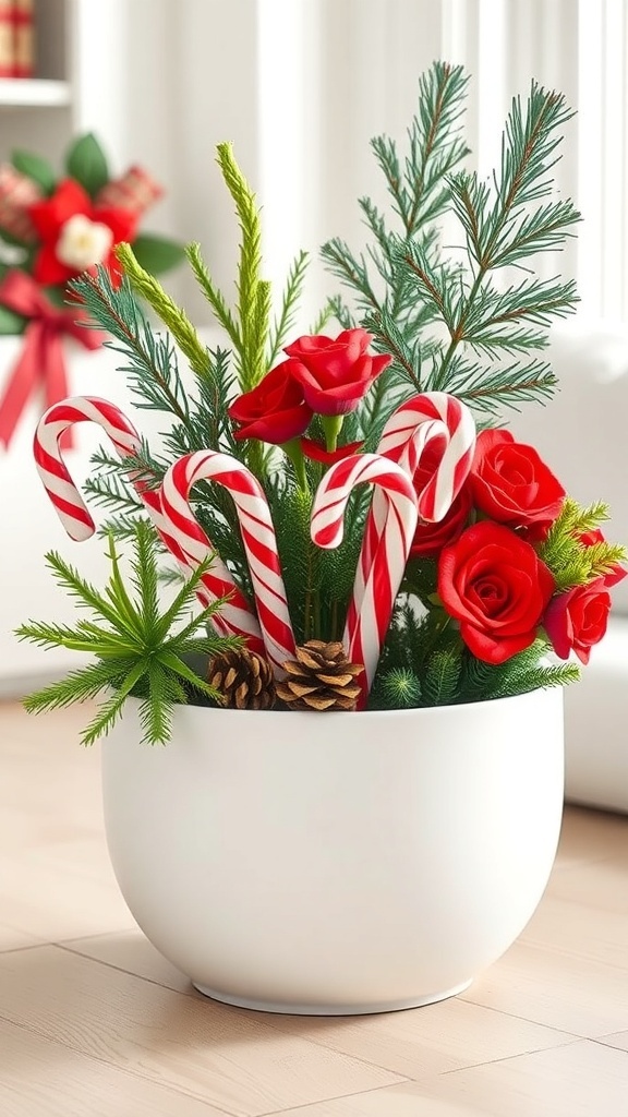 A festive planter with red roses, greenery, candy canes, and pinecones in a white pot.