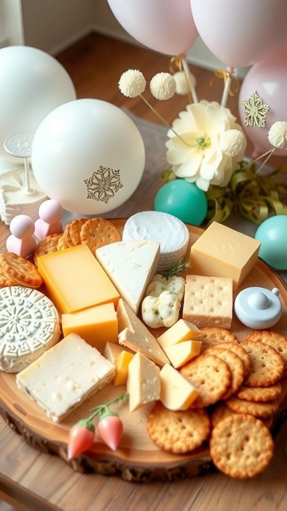A beautifully arranged charcuterie board featuring various cheeses, crackers, and decorative elements for a baby shower.