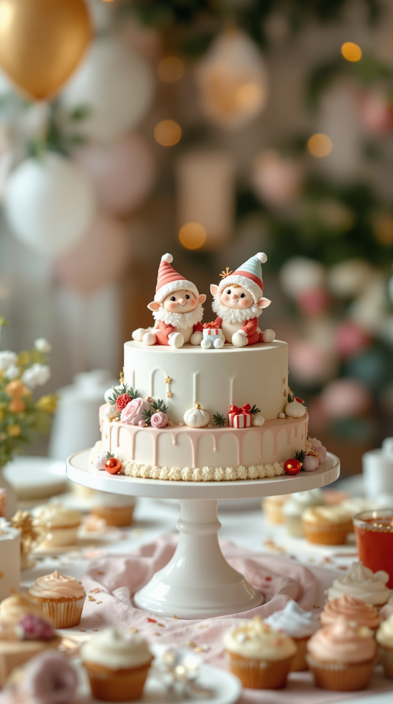 A beautifully decorated cake with Christmas-themed elf cake toppers, surrounded by festive treats.