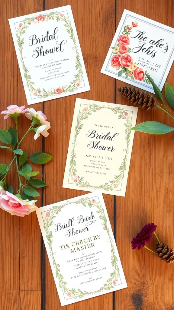 A collection of garden-themed bridal shower invitations with floral designs on a wooden table
