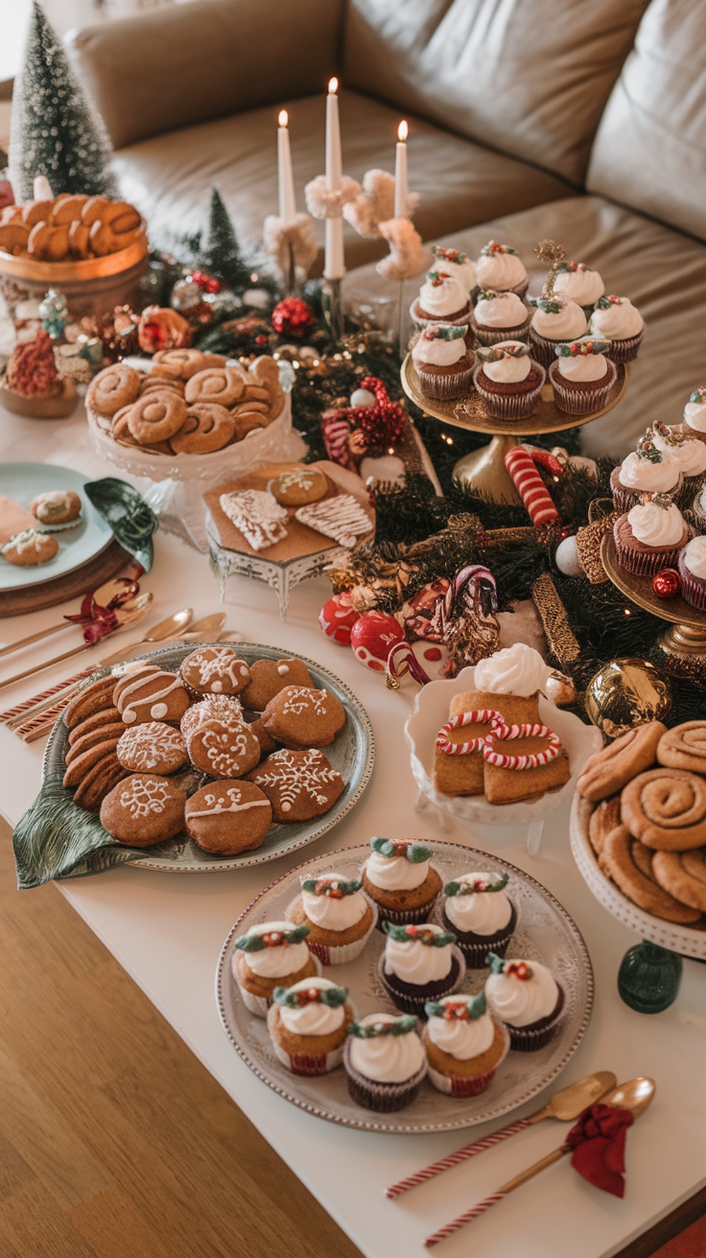 A festive display of holiday treats including cookies, cupcakes, and decorations.