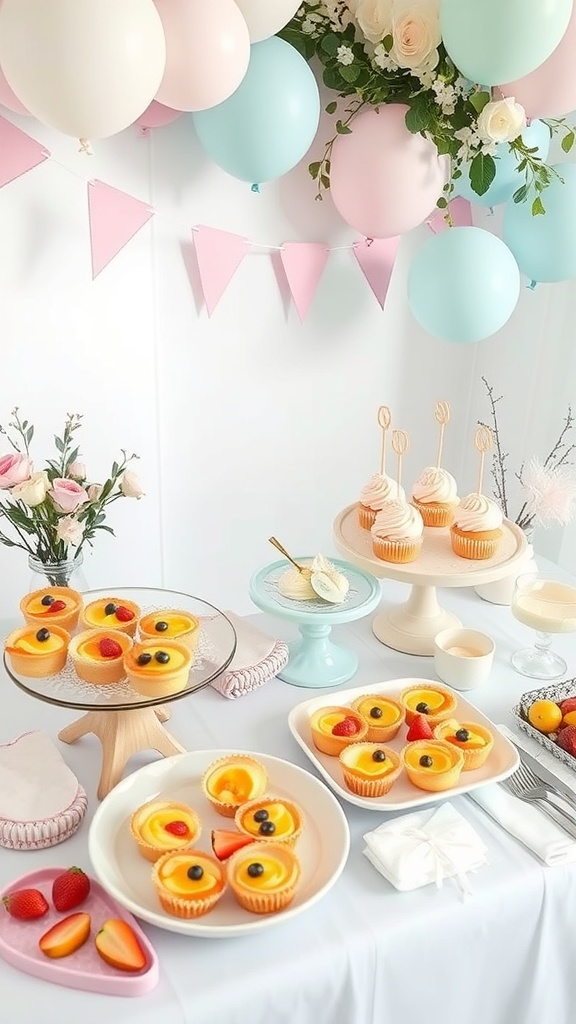 A beautifully arranged baby shower brunch table with cupcakes, fruit desserts, and pastel decorations.