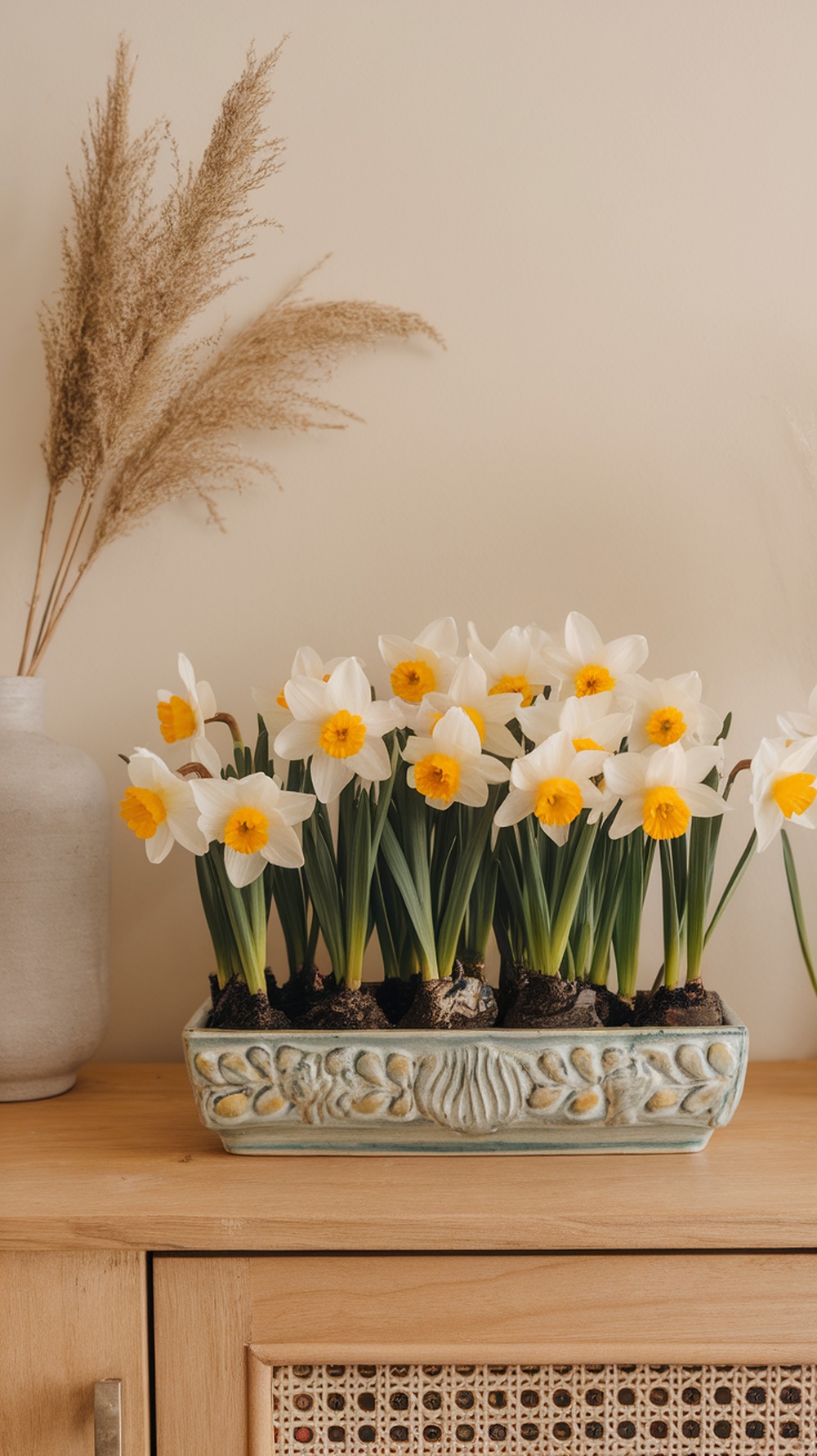 A beautiful arrangement of narcissus flowers in a decorative pot, showcasing vibrant yellow and white blooms with green leaves.
