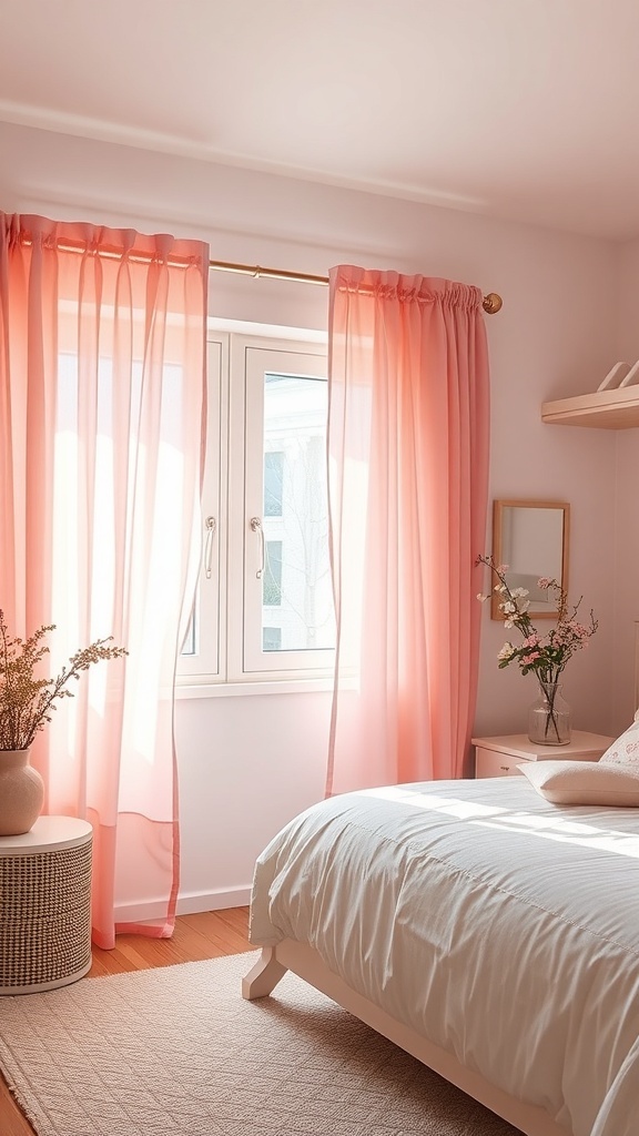 A bright bedroom with pink sheer curtains, a white bed, and a cozy atmosphere.
