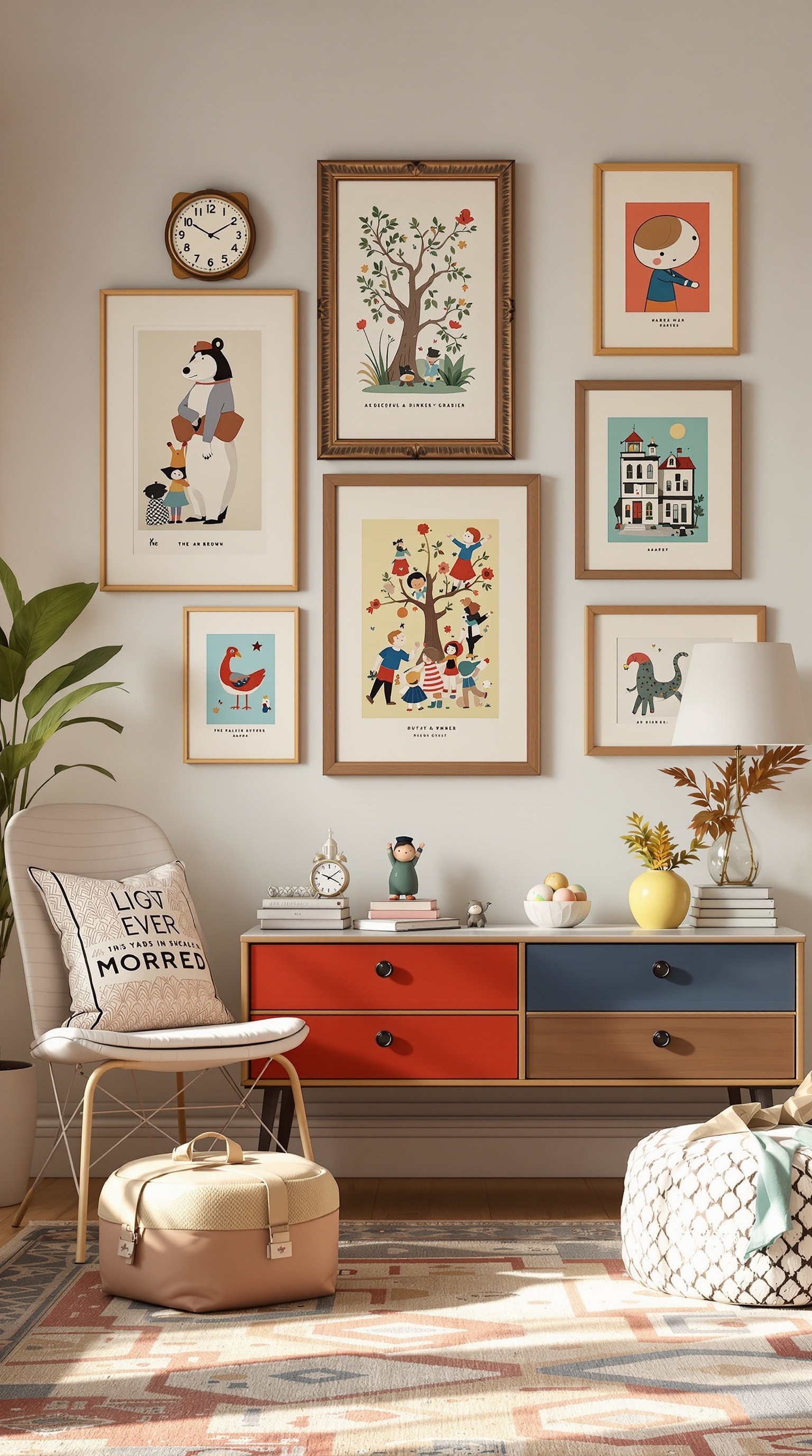 A vintage kids' room featuring a delightful wall art display with framed illustrations of animals and children.