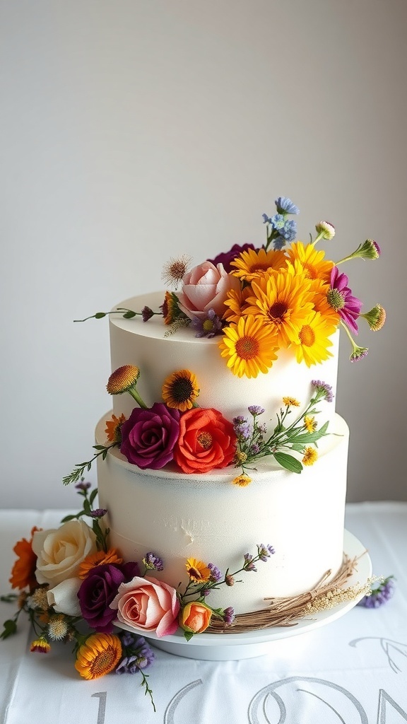 Three-tiered wildflower cake decorated with colorful flowers.